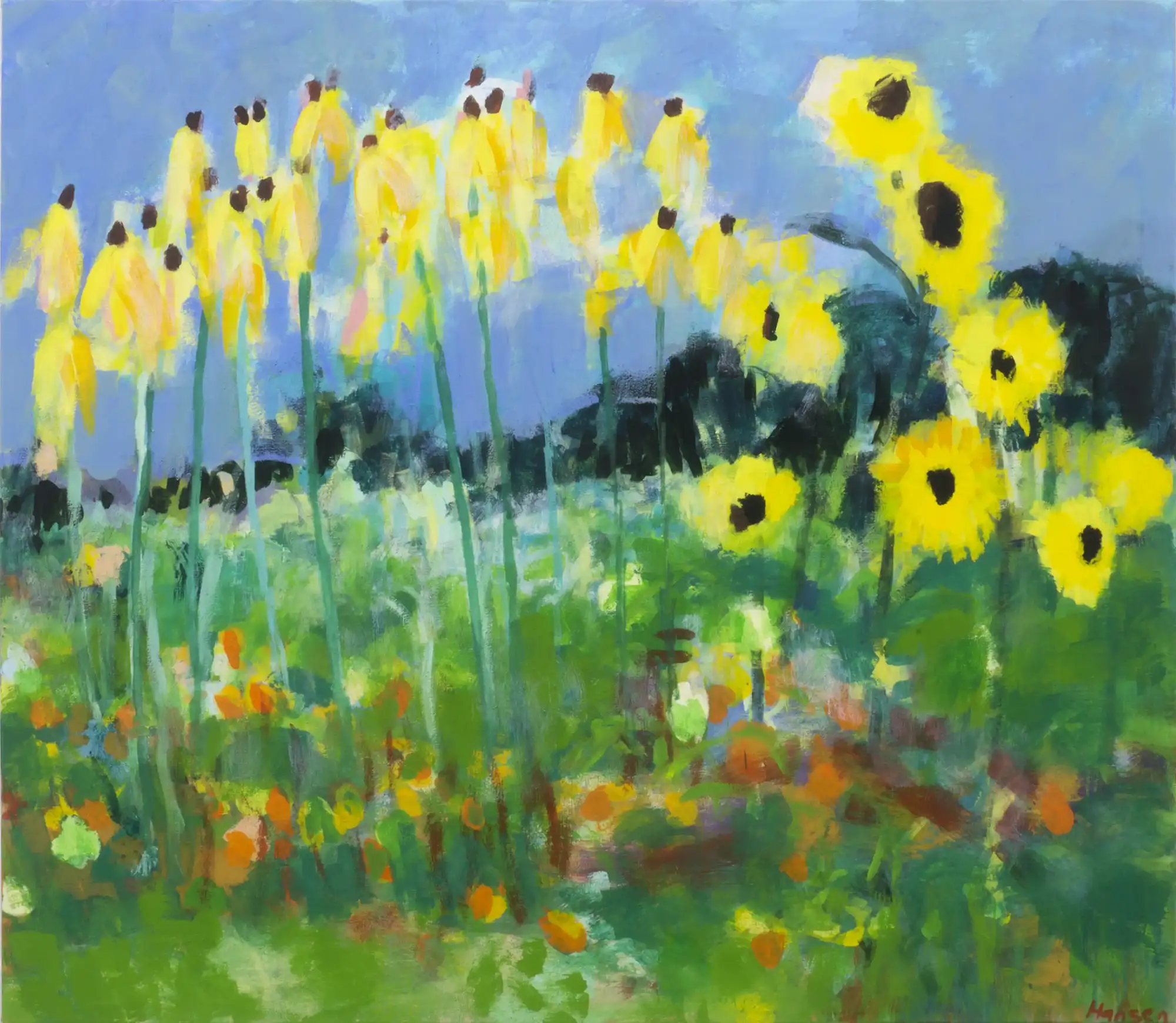 ulrike-hansen-sonnenhut-und-sonnenblumen-80x100cm-eitempera-auf-lw-2022